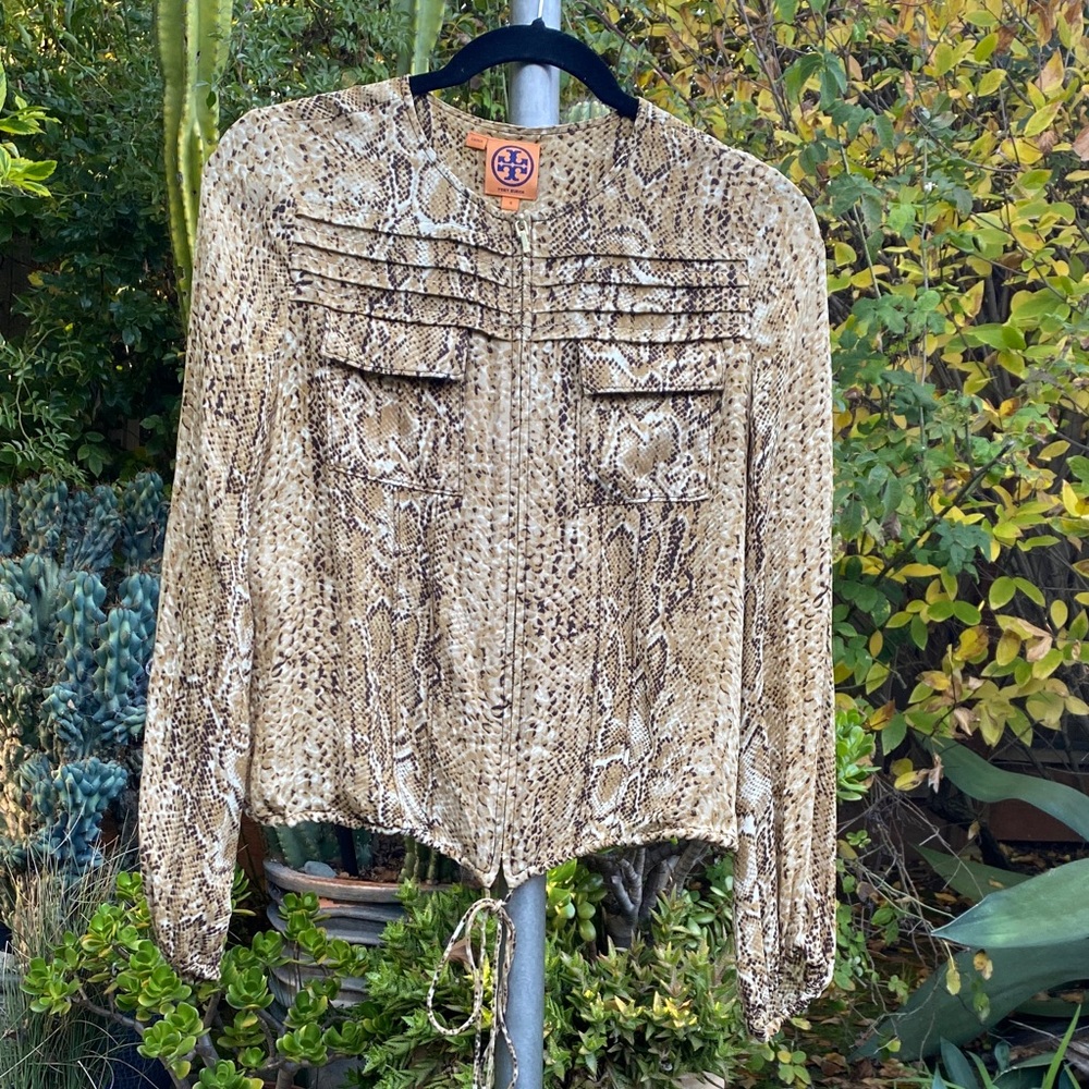 Tory Burch Snake Print Zip Front Blouse in Tan and Brown